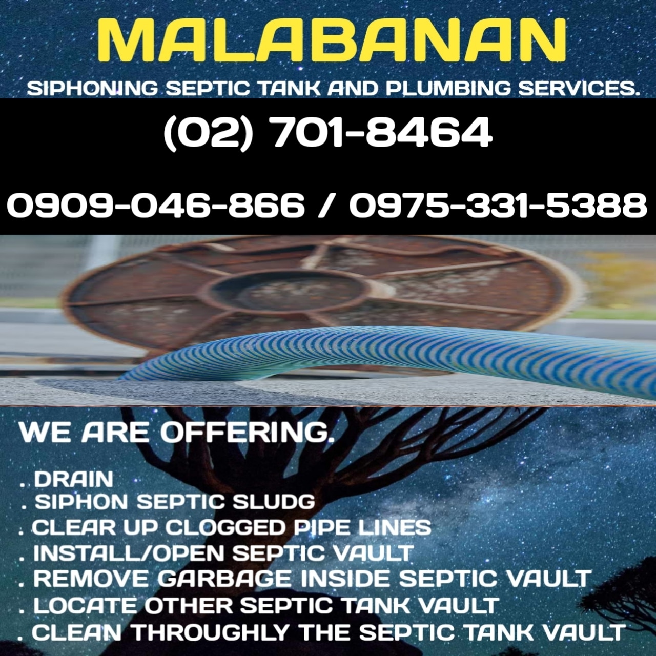 METRO MANILA MALABANAN SIPHONING POZO NEGRO 09090468666  (02) 701-8464 09753315388